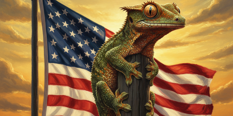 US flag with crested gecko on the flagpole